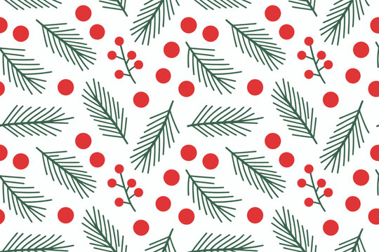 Festive christmas pattern with green pine branches and red berries white background
