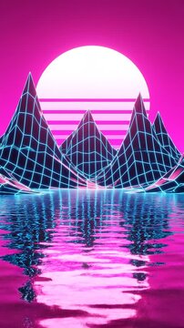 Futuristic Mountains Rise/Above Water/Sunset