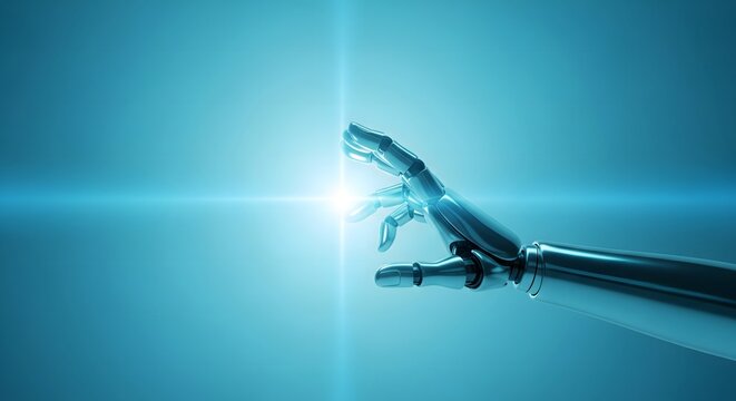 Futuristic metallic robot hand reaching towards a bright glowing light source on a blue background