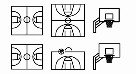 Set of minimalist line art icons depicting various basketball courts and hoops, ideal for sports-themed designs and graphic resources. © ZAENAL
