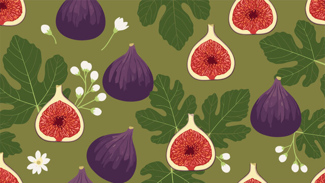 Luscious seamless pattern featuring whole and sliced purple figs with vibrant red pulp, adorned with green fig leaves and delicate blossoms, on a dark green background, perfect for food designs.