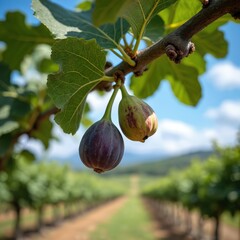 Fototapeta premium Ripe purple and green figs hang from a branch. Vineyard rows stretch to the horizon under a blue sky with clouds. Healthy natural fruit grows on tree.