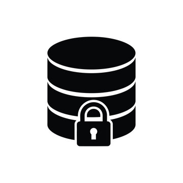 A simple black and white glyph depicting a cylindrical database with a prominent padlock securing it high quality professional