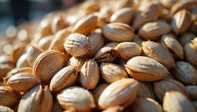 Large pile of fresh cockles on market stall. Bivalve molluscs in shells, ready for cooking. Abundant seafood ingredient for gastronomy. Macro view.