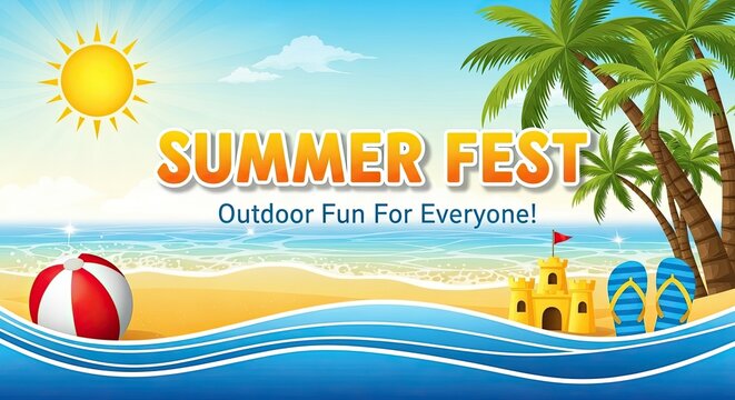 Summer fest celebration on a sandy beach with tropical elements and text