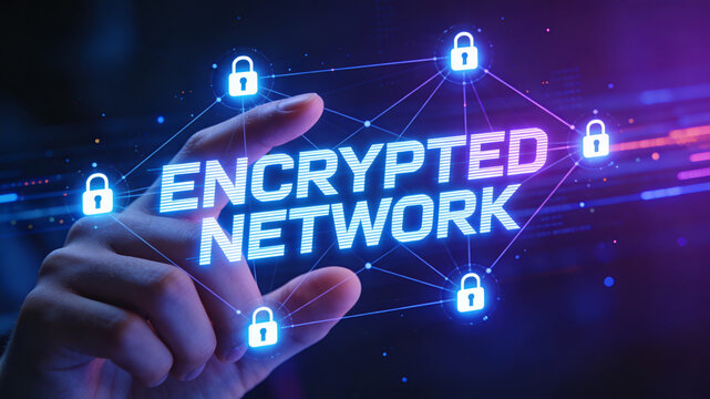 A Digital Composite Featuring A Hand Touching The Glowing Text Encrypted Network Centered Within A Web Of Connected Nodes And Padlock Icons On A Futuristic Blue And Purple Background