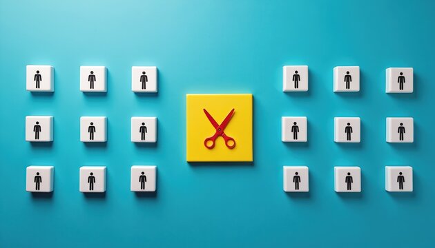 Red scissors on yellow square cut through grid of white cubes with people icons. Concept for job cuts, layoffs, unemployment, and staff reduction. Business downsizing idea.