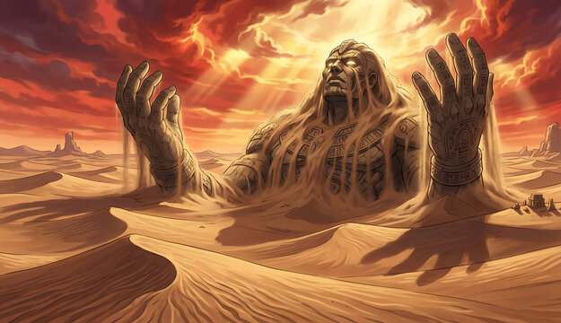 A colossal ancient desert god awakens from beneath the sand after millennia of slumber