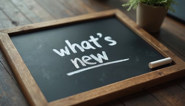 Chalkboard sign displays Whats New message on office desk with plant. Writing on board indicates updates and announcements for business or team communications.