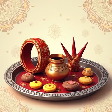 Karva Chauth thali with sindoor, sweets, and bangle. Wife prepares for husband long life prayer and fast. Indian festival honoring marital bond, love, and devotion.