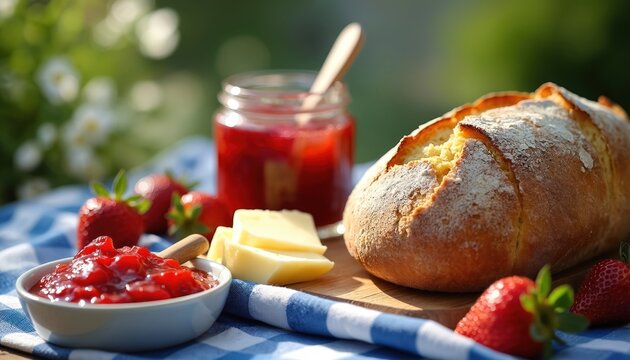 Freshly baked loaf of bread sits with strawberry jam butter and ripe strawberries on a blue checkered cloth. A rustic breakfast or picnic meal is ready to eat outdoors in sunlight.