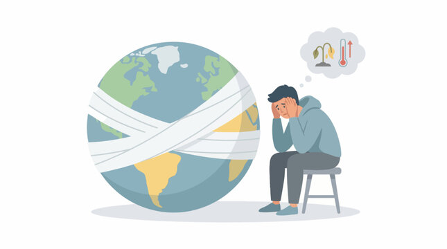 A distressed person sits beside a bandaged Earth, contemplating environmental problems like global warming and wilting plants.