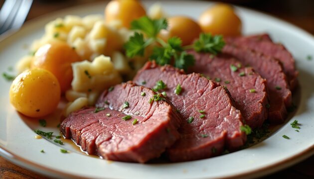 Sliced corned beef brisket with boiled potatoes and parsley garnish on white plate. Rich savory meat dish ready for dinner. Hearty traditional food served hot.