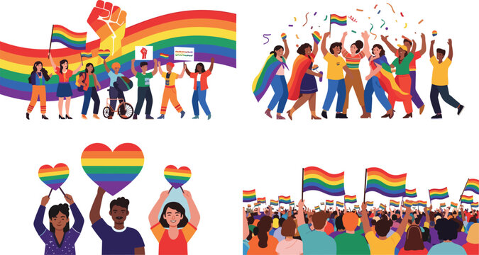 Diverse Group of People Celebrating LGBT Pride Month Parade with Rainbow Flags Hearts and Confetti in Flat Vector Illustration Style