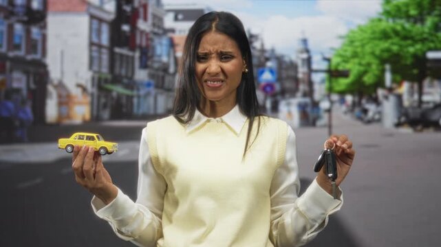 Woman holding yellow toy car in one hand and car keys in the other, grimacing on a street; frustration doubt.