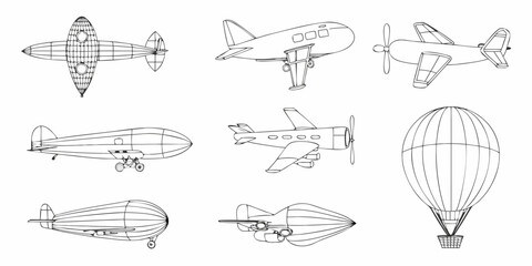 Collection of various aircraft outlined in simple black and white line drawings © Tarun