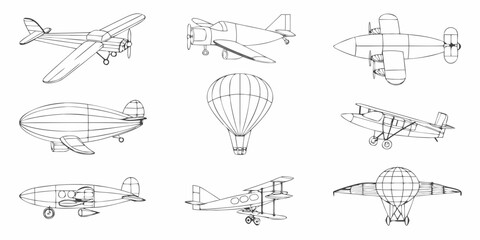 Variety of vintage aircraft and airships in black and white line drawings © Tarun