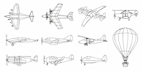 Collection of various aircraft blueprints and line drawings displayed together © Tarun