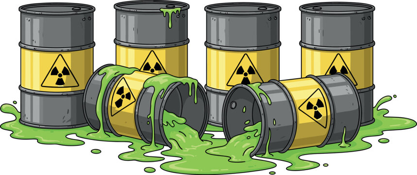 Radioactive waste barrels vector illustration with toxic spill hazard drums and environmental pollution danger concept
