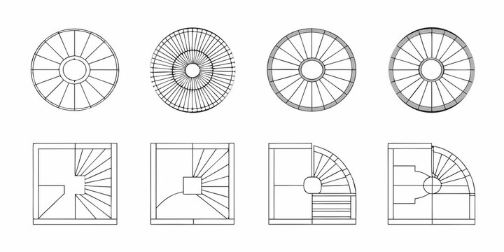Diagrams of spiral staircases and circular floor plans in architectural drawings