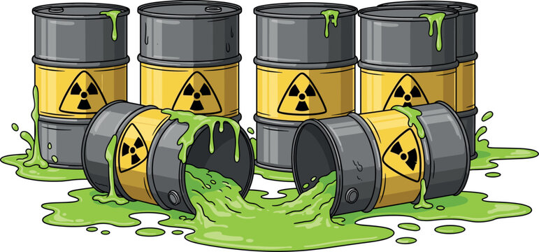 Radioactive waste barrels vector illustration with toxic spill hazard drums and environmental pollution danger