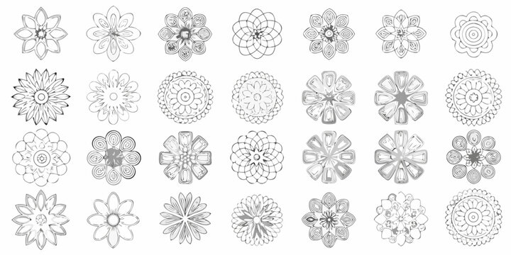 Collection of intricate grayscale floral designs arranged in a grid pattern