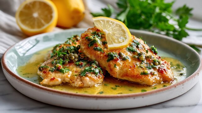 Chicken piccata lemon butter sauce ceramic plate clean white kitchen mood