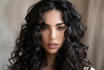 Naklejka premium A woman with dark curly hair and striking eyes is looking directly at the camera. She appears to be posing for a portrait indoors, possibly in a studio.