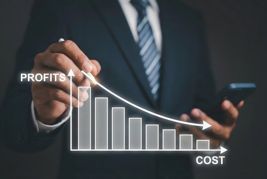 Professional points at a digital bar graph illustrating declining profits and rising costs, emphasizing business financial challenges.