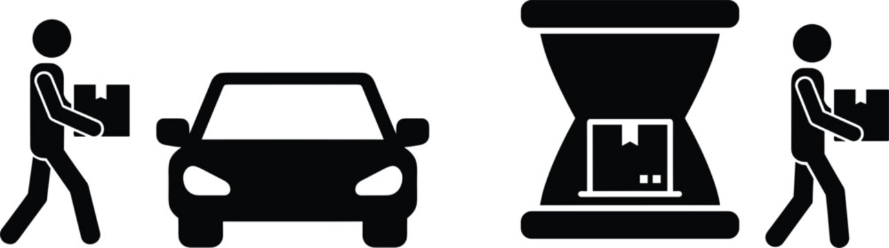 Time is money concept with worker carrying box car and hourglass icons isolated flat vector illustration set