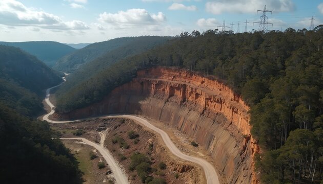 Drone aerial view of a large open-pit mine with winding roads on a forested mountainside. Power lines stretch across the sky above the quarry.
