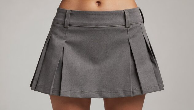 Close medium shot capturing the pleated skort construction emphasizing the folding and stitching techniques that create structured crisp pleats at the waist and hem.
