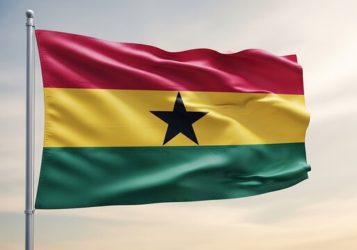 Ghanaian flag waving majestically against a cloudy sky on a flagpole