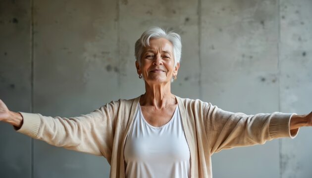 Elderly woman with arms outstretched, practicing balance and flexibility exercises. She embraces a healthy, active lifestyle, finding peace and vitality.
