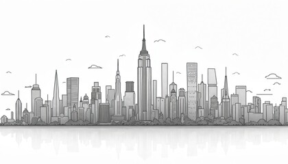 Obraz premium Minimalist line art illustration of the New York City skyline. Tall skyscrapers and buildings form a city landscape. White background with reflection.