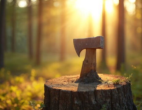 An old axe sits in a tree stump. Sunlight filters through the forest trees in the background. This image evokes a sense of nature and the outdoors.