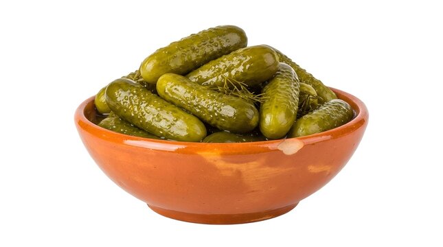 Fresh and Crunchy Pickled Gherkins in a Rustic Ceramic Bowl Isolated on White Background. Delicious Marinated Small Cucumbers with Dill, Perfect for Appetizers, Snacks, and Healthy Food Photography.