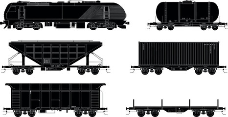 Railway freight wagon silhouettes collection featuring tanker hopper boxcar and flatbed cargo trains isolated detailed vector illustration set on white background © Md