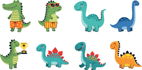 Playful and Colorful Cartoon Dinosaur Character Set with Different Poses and Accessories for Kids, Education, and Fun Themed Designs, Vector Illustration © Shefali