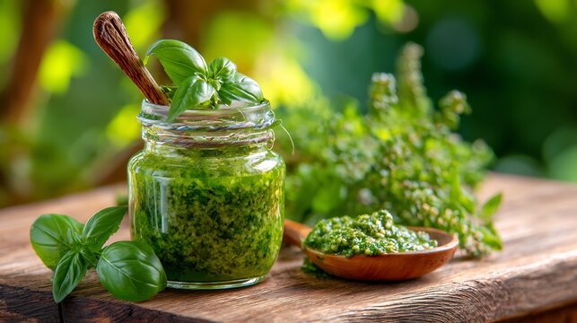 Fresh basil pesto jar wooden table Tuscan garden blur