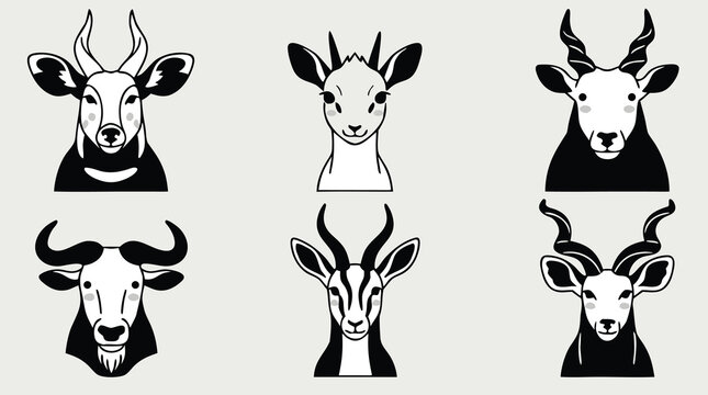 Collection of African Antelope and Buffalo Heads Vector Art.