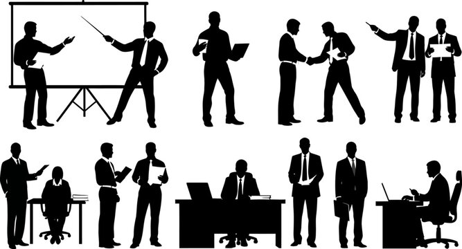 Collection of business people in various office settings and interactions on transparent background