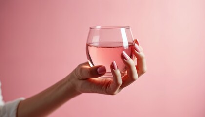 Woman hand with pink manicure holds glass of pink beverage on pink background. She enjoys a refreshing drink in style. Clean modern aesthetic.