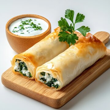 Two golden crispy vegetable filled sp rolls on a wooden paddle with a bowl of creamy yogurt sauce garnished with herbs, served as delicious appetizer or snack