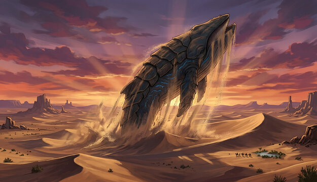 A colossal sand leviathan breaches through the desert dunes like a whale through ocean waves