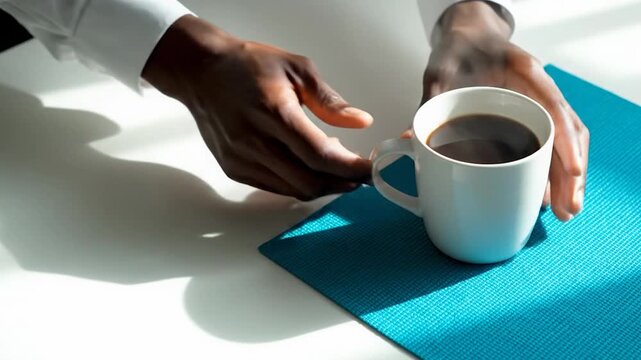 Professional Black Man Hands Gripping White Ceramic Mug with Fresh Morning Coffee on Blue Table Mat