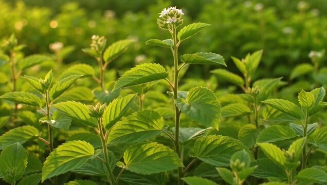 Green  lemon Balm flowering shrubs. 