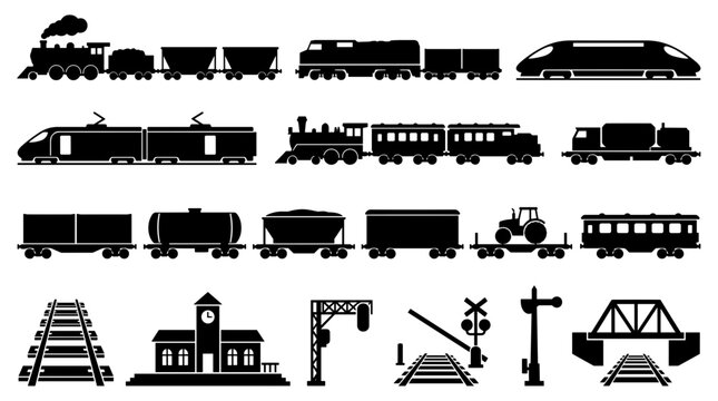 Collection of diverse train types and railway elements silhouette icons representing transportation industry and logistics