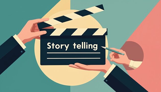 Filmmaker uses clapboard with text story telling. Hands hold board and pen, prepare scene for movie production. Film industry concept art for cinema creation.
