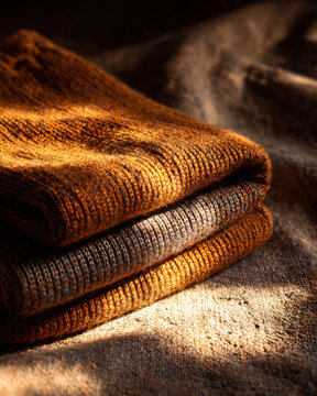 Folded woolen socks on linen